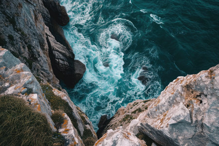 This photo captures the stunning view of the powerful ocean waves crashing against the rugged rocks of a cliff, High angle shot of a sweeping sea reaching dramatic cliff edges, AI Generatedの素材