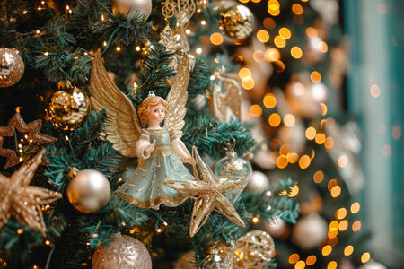 A detailed shot showcasing a vibrant Christmas tree adorned with various festive ornaments, Heavily decorated Christmas tree with stars, angels, and sparkling lights, AI Generatedの素材