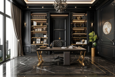 A professionally designed office space with black and gold accents, featuring a sleek marble floor, High-end office with black and gold accents, exuding luxury, AI Generatedの素材