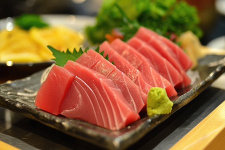 A close-up view of a vibrant and diverse plate of food arranged on a table in a restaurant, High-end restaurant serving bluefin tuna sushi, AI Generatedの素材