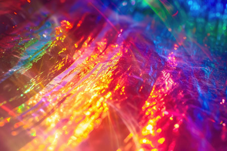 A close-up photograph capturing the vibrant colors and intricate details of a multicolored flower blossom, Hologram-like rainbow colors forming an abstract, futuristic pattern, AI Generatedの素材