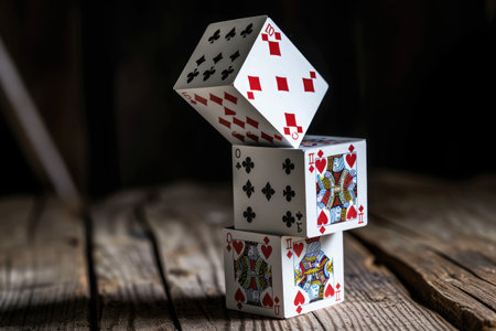 A stack of playing cards neatly arranged on top of a wooden table, House of cards representing risky investment scenarios, AI Generatedの素材