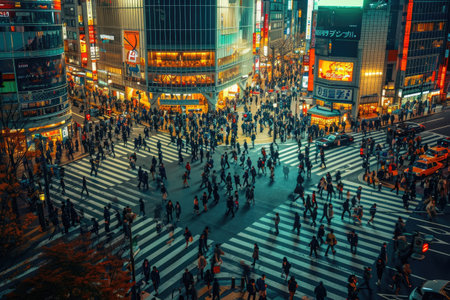 Pedestrians Crossing Busy City Intersection in Downtown, New York, Hustle and bustle of Tokyo's Shibuya crossing at peak hour, AI Generatedの素材