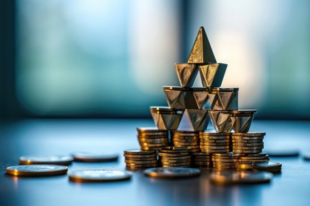 A pile of various denomination coins forming a stack with a small pyramid balancing on top, House of cards representing risky investment scenarios, AI Generatedの素材
