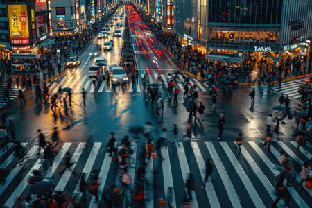 Bustling City Street With Heavy Traffic During Rush Hour, Hustle and bustle of Tokyo's Shibuya crossing at peak hour, AI Generatedの素材