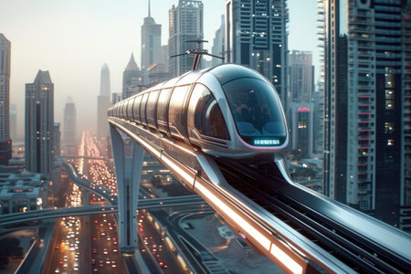 High Speed Train Racing Through a Busy City, Hovering monorail traversing through the futuristic city skyline, AI Generatedの素材