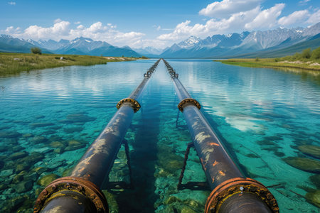 A photo of a massive pipe positioned in the center of a body of water, showcasing its significant size and location, Huge industrial pipelines cutting across a crystal clear lake, AI Generatedの素材