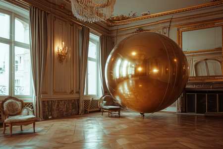 A room with a chandelier featuring a large metallic ball as its centerpiece, Huge golden balloon reflecting brightly in the room, AI Generatedの素材