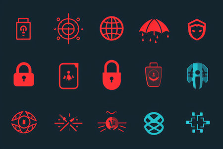A collection of various colored icons arranged on a black background, Icons representing different types of cybersecurity threats, AI Generatedの素材
