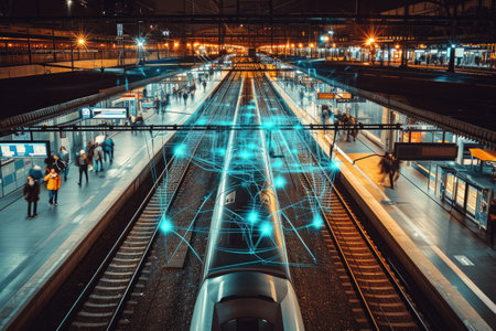 A busy train station with a train passing through on the tracks, surrounded by commuters and station facilities, Illustrate network attached storage as a busy train station, AI Generatedの素材