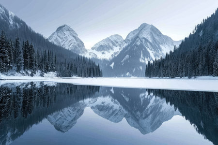 A pristine lake sits nestled amidst towering mountains blanketed in glistening snow, Icy mountain peaks reflected in a calm lake, AI Generatedの素材