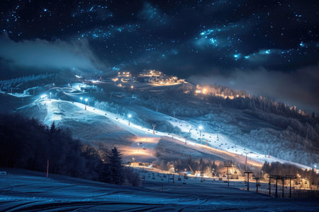 A Night Time View of a Ski Resort With Snow-covered Slopes and Illuminated Lodges, Illuminated ski slopes set against a dark winter sky, AI Generatedの素材
