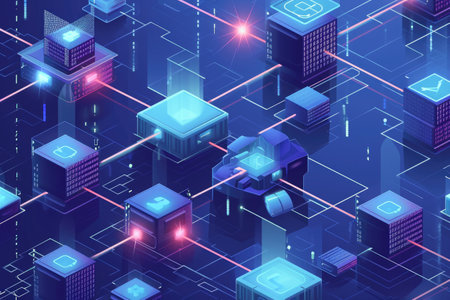 A photo showcasing a blue background with a collection of cubes arranged in a clustered formation, Illustration of a ledger to represent the concept of blockchain, AI Generatedの素材