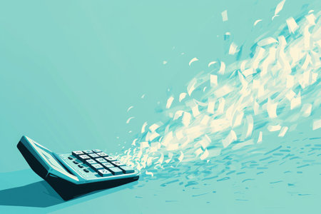 A computer keyboard floats on the waters surface, creating a surreal image, Illustration of numbers flowing from a calculator into a ledger, AI Generatedの素材