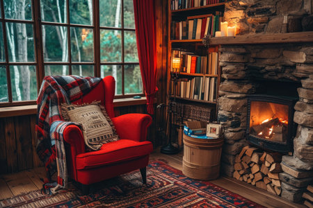 A red chair sits in front of a roaring fire in a cozy living room, Incorporate imagery of books and a warm, cozy reading nook to represent a literature podcast, AI Generatedの素材
