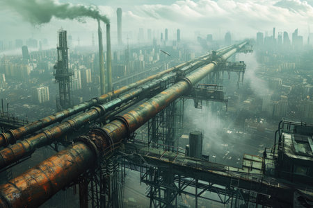 An image of an industrial area showcasing numerous smokestacks and pipes releasing smoke into the atmosphere, Industrial pipelines against a dystopian cityscape, AI Generatedの素材