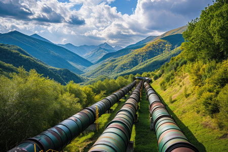 A long train travels through a beautiful, green valley surrounded by mountains, Industrial pipelines draped over a scenic valley, AI Generatedの素材