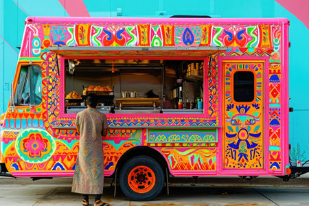A person stands in front of a vibrant food truck, ready to serve delicious meals, Indian food truck with vibrant patterns and colors, AI Generatedの素材