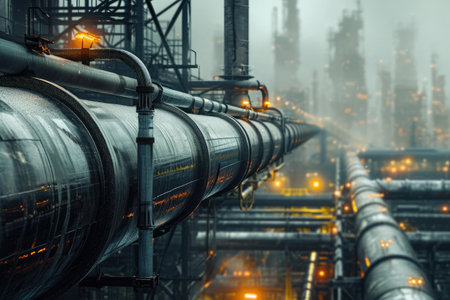A massive industrial pipe stands prominently amidst the bustling city, casting a towering shadow over the urban landscape, Industrial pipelines against a dystopian cityscape, AI Generatedの素材