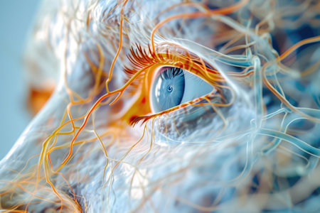 A close-up image capturing the intricate details of a human eye, showcasing a brown iris and a dilated pupil, In-depth view of the human optic nerve through 3D X-ray, AI Generatedの素材