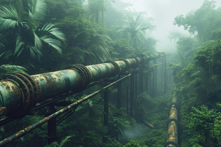 A large pipe disrupts the natural landscape in the middle of a forest, Industrial pipelines blending with a dense jungle, AI Generatedの素材