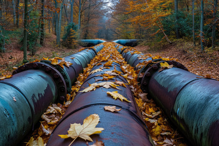 A massive pipe lies motionless amidst the trees and foliage of a lush forest, creating a striking contrast between nature and industry, Industrial pipelines swathed in autumn leaves, AI Generatedの素材