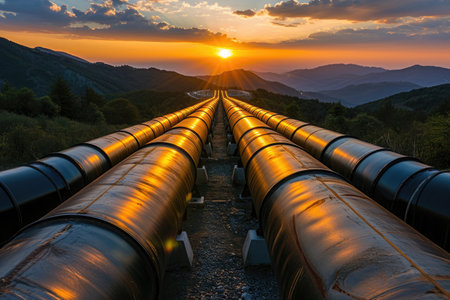 A photo featuring a train track under a vibrant sunset, with the sun setting in the distance, Industrial pipelines lit by the setting sun against a mountainous backdrop, AI Generatedの素材