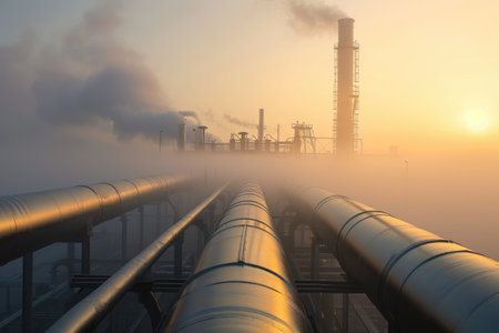 A large factory emitting thick smoke from its stacks, creating a scene of industrial activity and pollution, Industrial pipelines enveloped in the morning mist, AI Generatedの素材