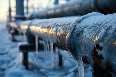 A line of pipes, coated in ice and adorned with icicles, stands frozen under the wintry weather, Industrial pipelines encased in ice, AI Generatedの素材