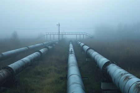 A group of pipes are seen in a foggy field, blending into the misty surroundings, Industrial pipelines enveloped in the morning mist, AI Generatedの素材