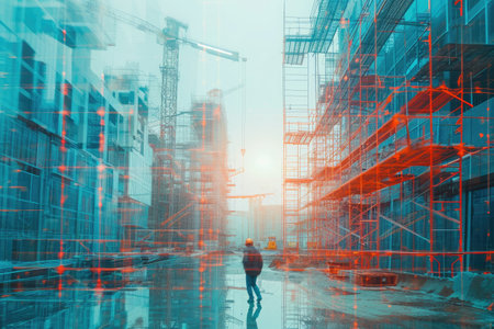 Man Walking Down Busy Street Surrounded by Tall Buildings, Innovation in the engineering field represented through double exposure within a futuristic construction project, AI Generatedの素材
