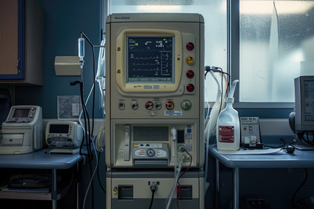 A hospital room containing a monitor and various essential medical equipment used for patient care, Intense, dramatic portrait of a dialysis machine, AI Generatedの素材