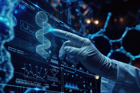 A persons finger makes contact with a screen, demonstrating interaction with digital technology, Innovative biotech computer interface, AI Generatedの素材
