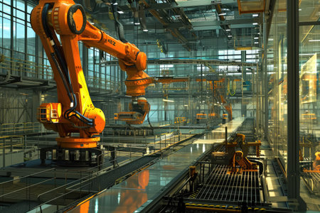 A bustling factory floor filled with numerous machines and machinery in action, producing goods efficiently, Interior of a fully automated construction factory, AI Generatedの素材