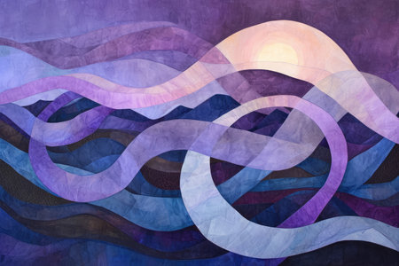 Painting of a Wave With a Sun in the Background, Intertwined lavender and sapphire shapes representing the blend of sky and earth at dusk, AI Generatedの素材