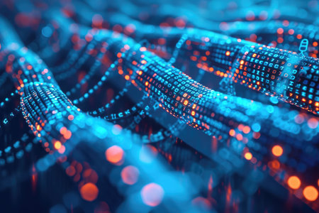 An abstract composition featuring vibrant blue and orange lights illuminating the scene, Intricate flow of blockchain transactions in a decentralized network, AI Generatedの素材