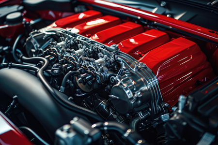 A detailed, close-up photograph of the engine of a car, showcasing the visible pistons and intricate wiring, Intricate workings of an engine in a high-performance sport racing car, AI Generatedの素材