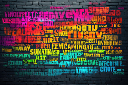 A brick wall covered in vibrant words creates a visually compelling display, Investment word cloud showing diverse types of investment, AI Generatedの素材