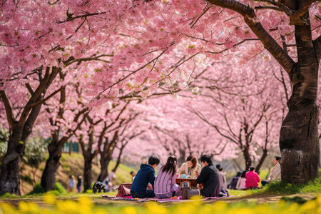 Group of People Sitting Under a Tree With Pink Flowers, Japanese Cherry Blossom festival with families having picnics under the trees, AI Generatedの素材