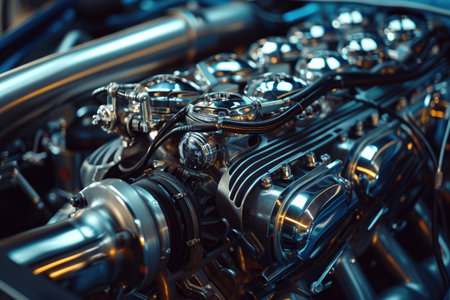 A detailed view of the engine of a car, showcasing the pistons and spark plugs in clear sight, Intricate workings of an engine in a high-performance sport racing car, AI Generatedの素材