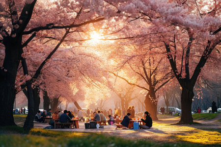 Group of People Sitting Under Blooming Cherry Blossom Trees, Japanese Cherry Blossom festival with families having picnics under the trees, AI Generatedの素材