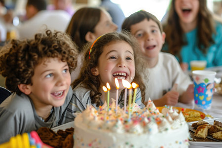 Group of Children Celebrating With Birthday Cake at Table, Kids at a surprise birthday party with joyous expressions, AI Generatedの素材