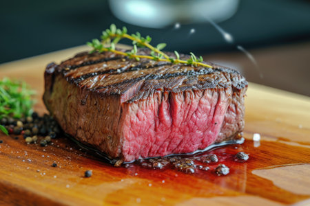A succulent piece of steak is placed on a sturdy wooden cutting board, ready to be cooked or served, Kobe beef steak perfectly cooked and served on a wooden board, AI Generatedの素材