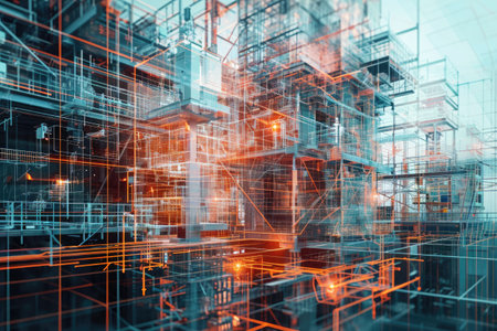 A computer generated image showcasing a modern factory in operation, producing automobiles, Layered visuals of future construction project with associated blueprints, AI Generatedの素材