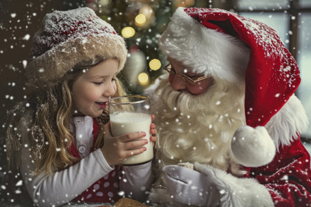 A young girl enjoying a glass of milk while sitting next to Santa Claus during the holiday season, Kids leaving out milk and cookies for Santa Claus on Christmas Eve, AI Generatedの素材