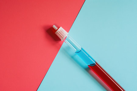 A red and blue toothbrush is seen resting on a blue and red surface, Lancet used for blood tests styled as minimalistic art, AI Generatedの素材