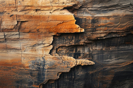A cliff face, notable for its large size, is shown with a prominent crack running through it, Layers of rustic, earthy tones portraying a rugged canyon, AI Generatedの素材