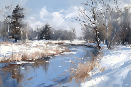 This photo shows a painting of a winter forest with snow-covered trees and a snowy landscape, Loose brush strokes unfolding a serene winter landscape, AI Generatedの素材