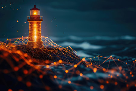 A lighthouse stands atop a mountain, overlooking the vast sky in a remote location, Lighthouse symbolizing guidance and assurance, commandeered by blockchain, AI Generatedの素材
