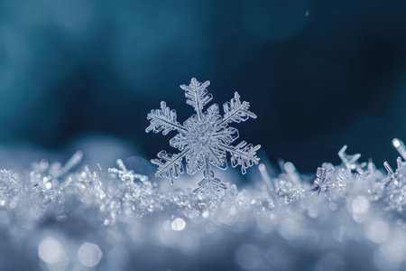 A detailed view of a single snowflake, delicately balanced on the surface of untouched snow, Macro image capturing the beauty of snowflakes, AI Generatedの素材